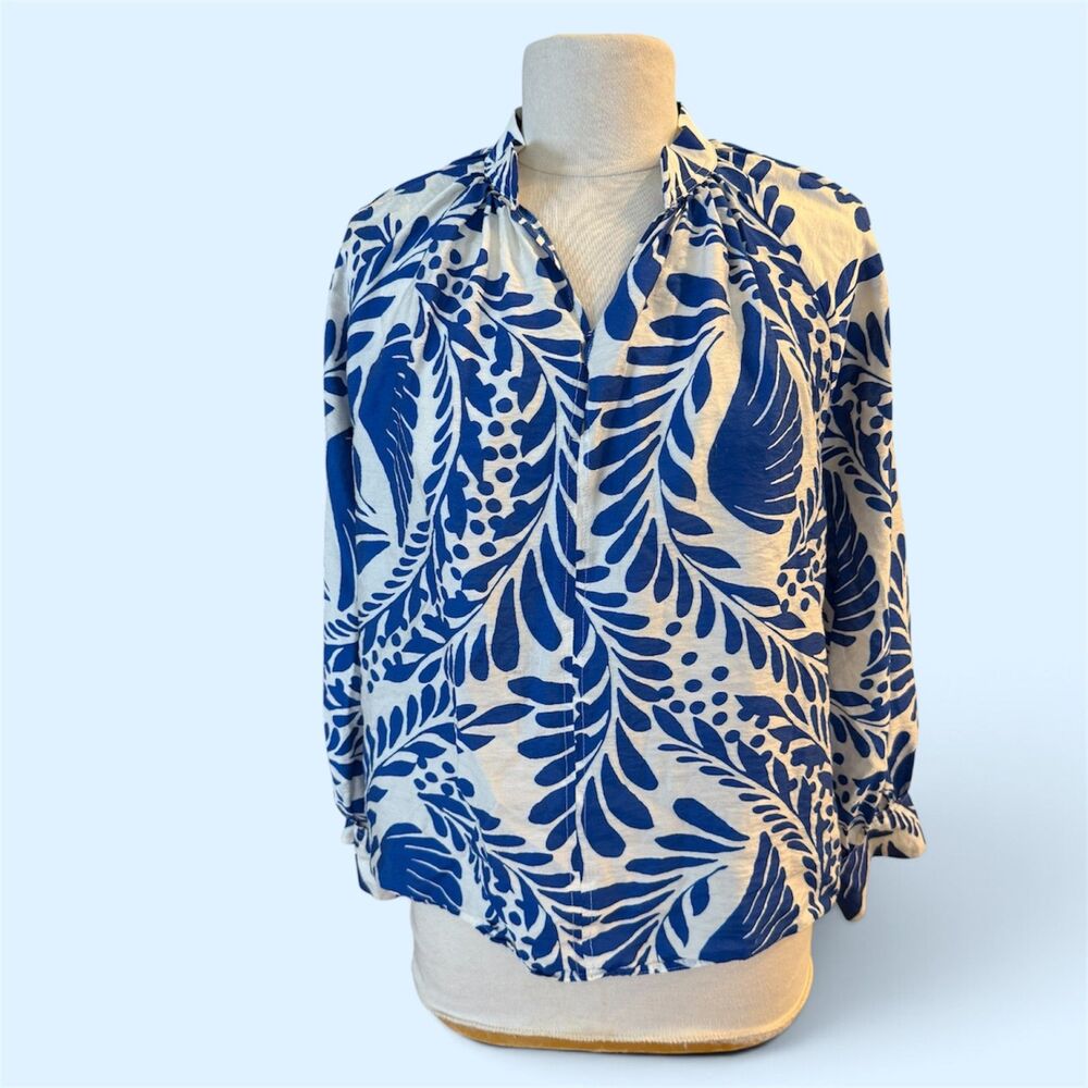 Women’s Blue/White Floral Bird V-Neck Puff Sleeve Blouse Raglan Sleeve Sz Small